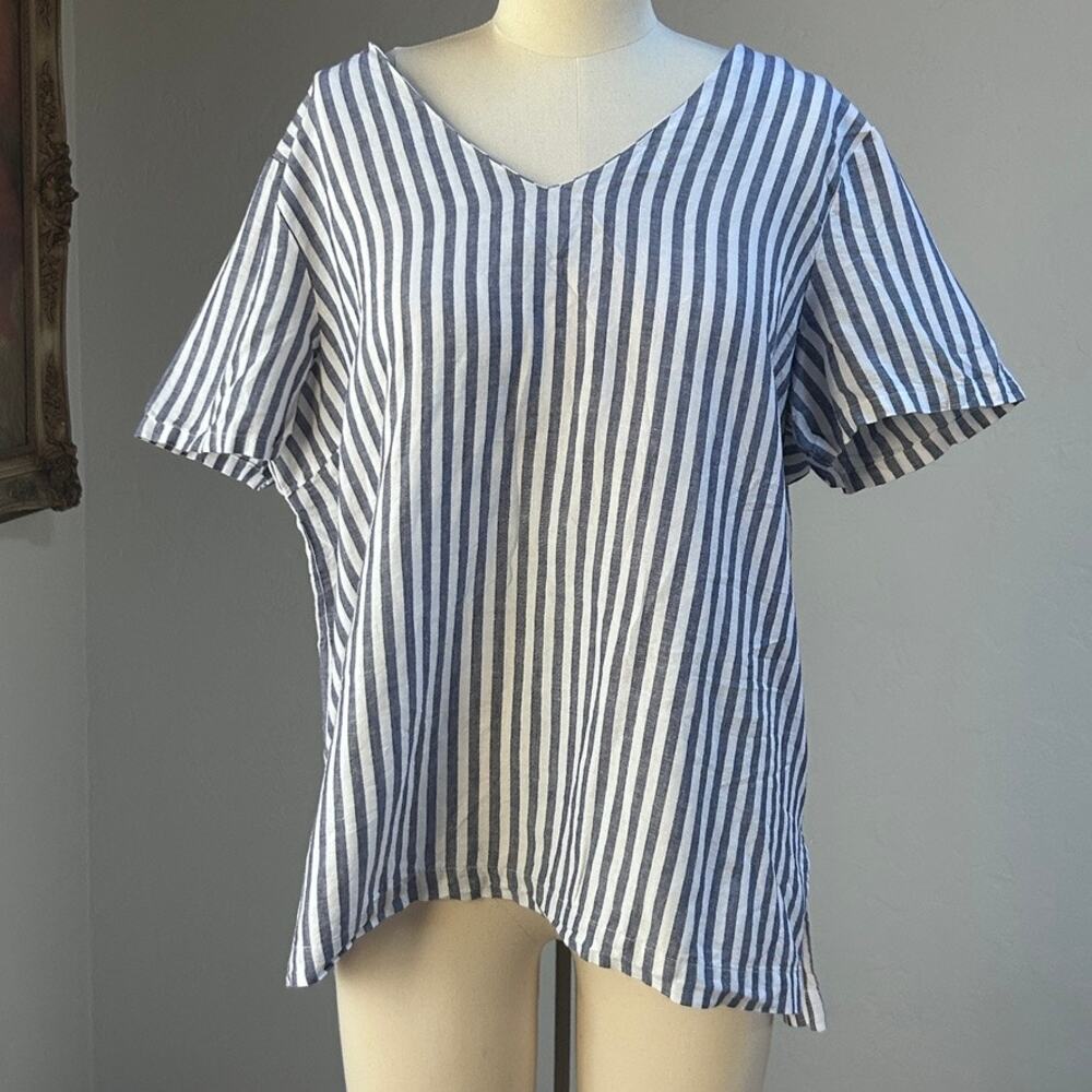 linen striped tunic top‎ coastal oversized relaxed beachy blue white womens L